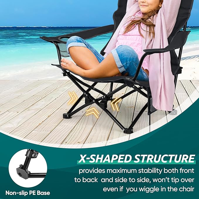 HaSteeL Folding Beach Chair, Foldable Black Camping Chairs for Outside, Low Beach Chair Portable for Adults Fishing, Picnic, Outdoor BBQ, Travel, Sports, Cup Holder & Storage Bag