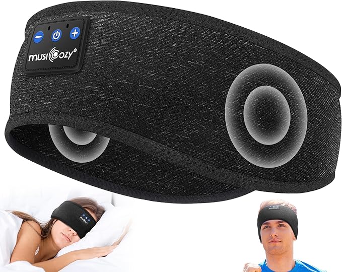 MUSICOZY Sleep Headphones Bluetooth 5.4 Headband, Wireless Earphones Music Sleep Earbuds Sleeping Eye Mask with HD Stereo Speakers for Workout Running Travel Yoga, Ideal Gifts (Double-Sided Black)