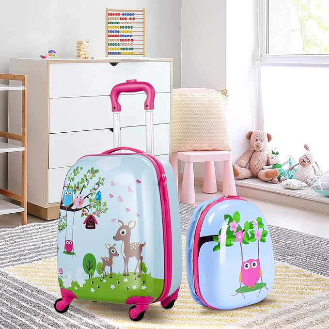 BABY JOY 2 PC Kids Luggage, 16" Toddlers Carry-on Suitcase & 12” Backpack Set, Children Travelling Case w/ 4 Casters & Retractable Handle, Lightweight Trolley Case for Boys & Girls (Deer)