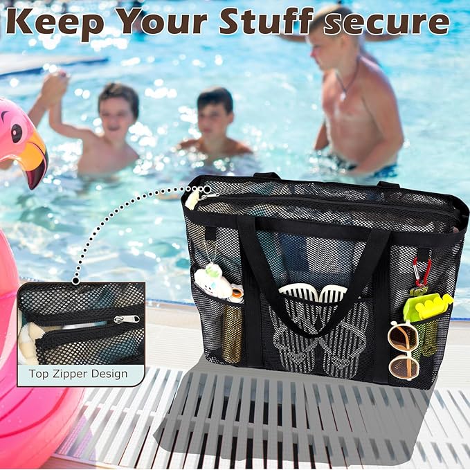 Fammart Mesh Beach Bag with Zipper, Large Beach Tote for Women, Toys Pool Swim Bag Travel Vacation Cruise Essentials