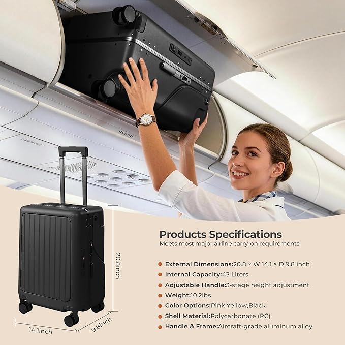 20" Ride-On Luggage with Child Seat, Hardside Carry-On Suitcase with Front Access Shockproof Silent Spinner Wheels, TSA Lock, Charging Port for Kids & Adults & Busy Moms