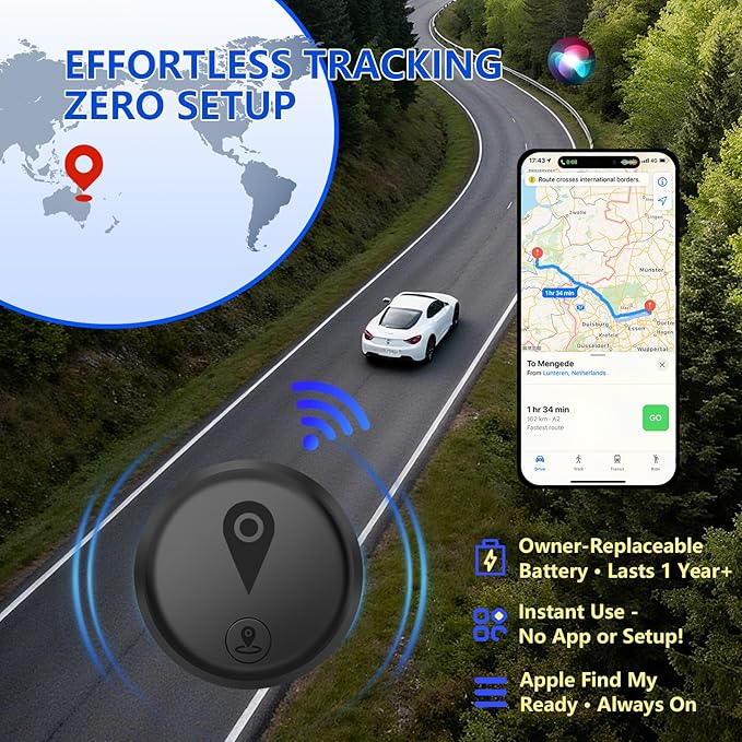 GPS Tracker, Mini GPS Tracker for Vehicles Hidden Portable GPS Tracker for Cars Splashproof Available for iOS Find My (iOS Only), No Monthly Fee Subscription No SIM Card Required - Black