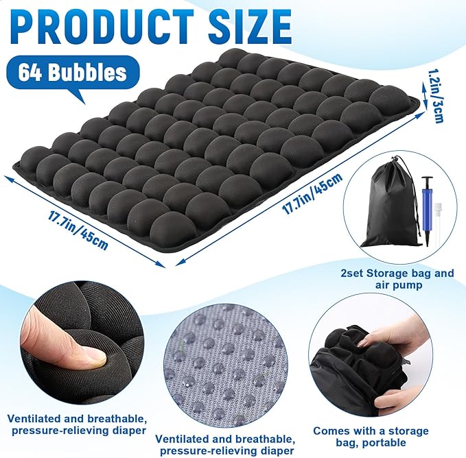 2 Pack Inflatable Travel Seat Cushion with Air Pump Storage Bags 64 Bubbles Upgrade Ergonomic Pressure Relief Airplane Seat Cushion for Long Flights Office Car Portable Lightweight Comfort Cushions