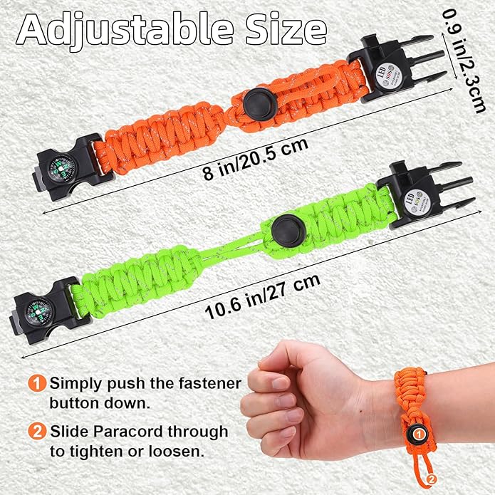 Survival Bracelets, Paracord Bracelets (2 pcs) with Loud Whistle Light Flint, Adjustable Compass Bracelet for Outdoor Camping Hiking Fishing Hunting, Multitools Tactical Gear, Bearable 300 lb