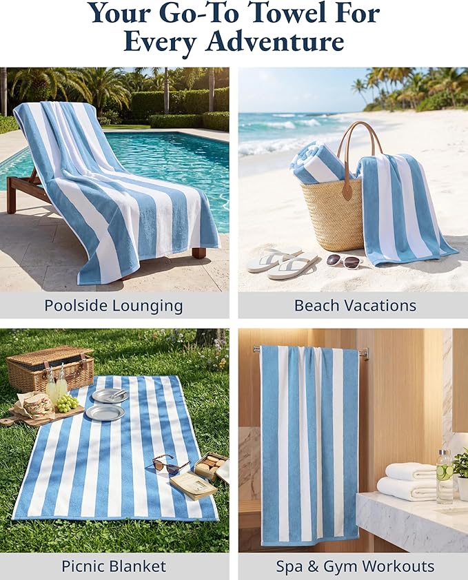 LANE LINEN 100% Cotton Beach Towel- Pack of 4 Beach Towels Set, Cabana Stripe Pool Oversized Beach Towels for Adults (30" x 60”), Highly Absorbent, Large Beach Towel, Quick Dry Towel - Light Blue