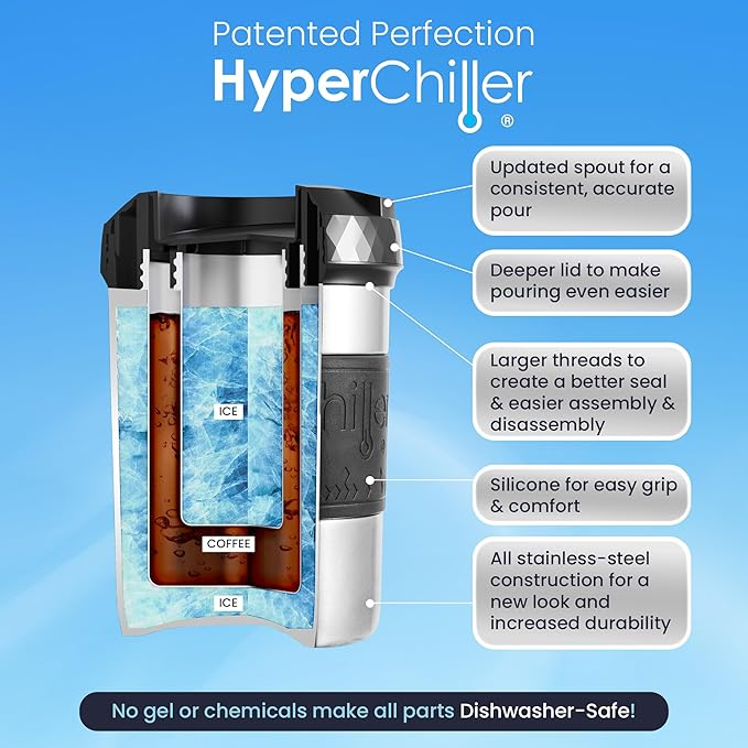 The Original but NEW Stainless-Steel HyperChiller HC2SS Patented Iced Coffee/Beverage Cooler Ready in One Minute, Reusable for Iced Tea, Wine, Spirits, Alcohol, Juice, 12.5 oz, Stainless Steel