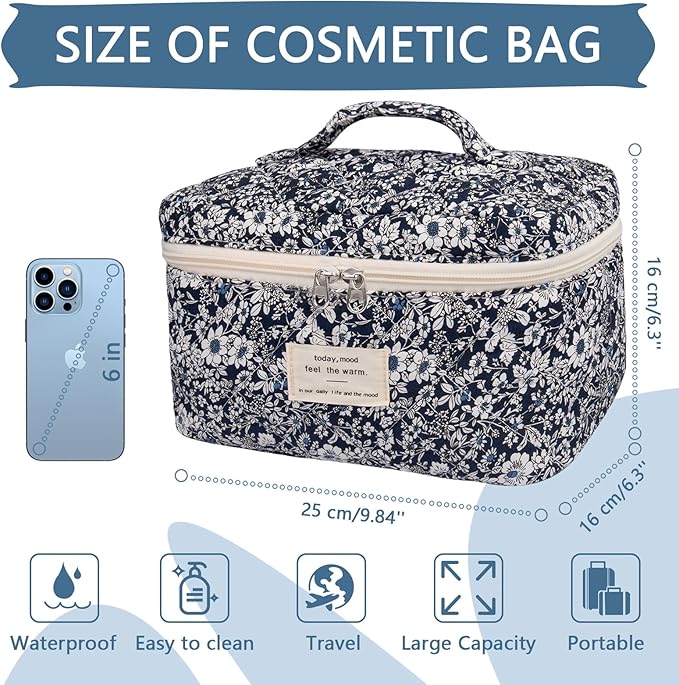 Gosect Large Makeup Bag, Cute Cosmetic Bag for Women Girls, Floral Coquette Aesthetic Toiletry Bag, Travel Make Up Organizer Bag (Black Rose Flower)