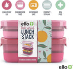 Ello 2-Pack Lunch Stack Plastic Food Storage Container Bento Box with Airtight, Leak-Proof Locking Plastic Lids and Silicone Base, BPA-Free, Freezer, Microwave, and Dishwasher Safe, Guava