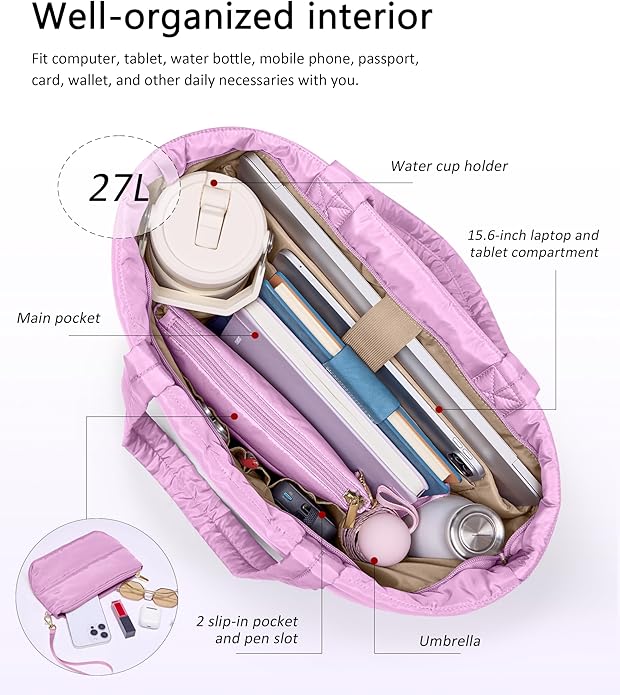 Puffer Tote Bag for Women, Lightweight Puffy Tote with Compartments, Shoulder Bag Crossbody Bags for Women Travel, Work, Gym