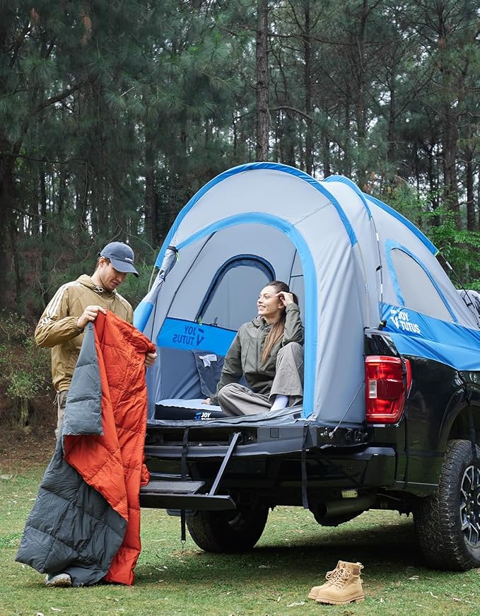 JOYTUTUS Truck Tent, Portable Truck Bed Tent with Rainfly, Truck Tent for 6.5' with Fiberglass Pole, Waterproof PU2000mm Double Layer for 2 Person - Blue