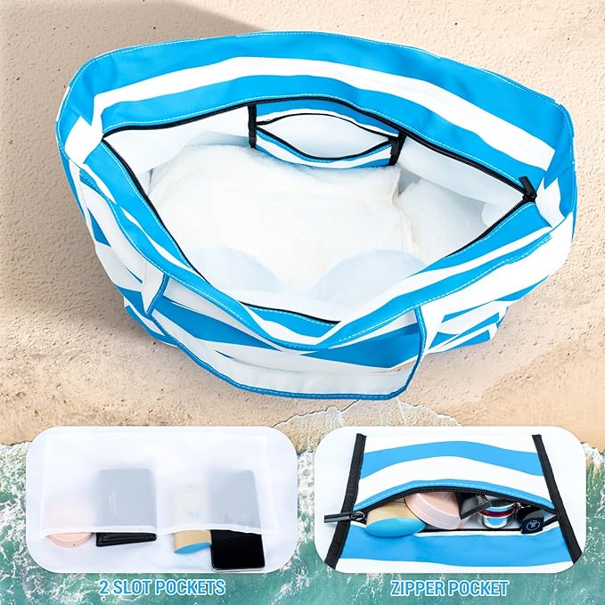 Iioscre Beach Bag for Women, Causal Hobo Pool Bags with Zipper Inner Pocket, Foldable Swim Tote Bag for Vacation Essentials