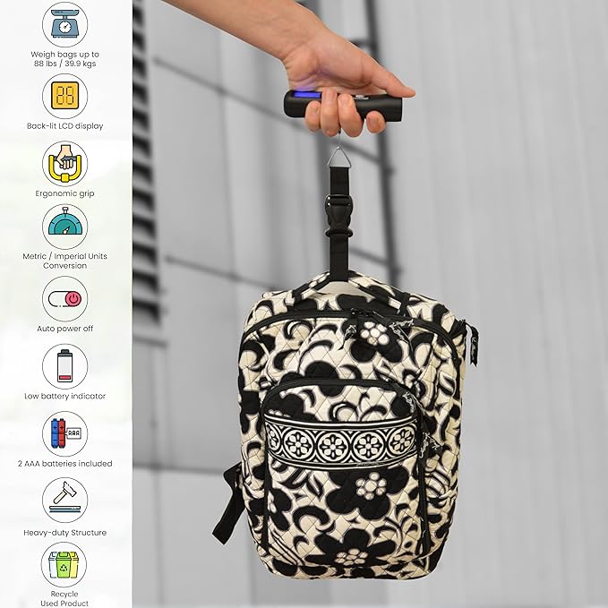 GoGreen Power (TR1320BK) Digital Luggage Scale, Digital Weighing Scale with Strap, Battery Powered Baggage Scale with Built-in lbs/kg Conversion, Measures up to 88 lbs / 39.9 kgs, Black