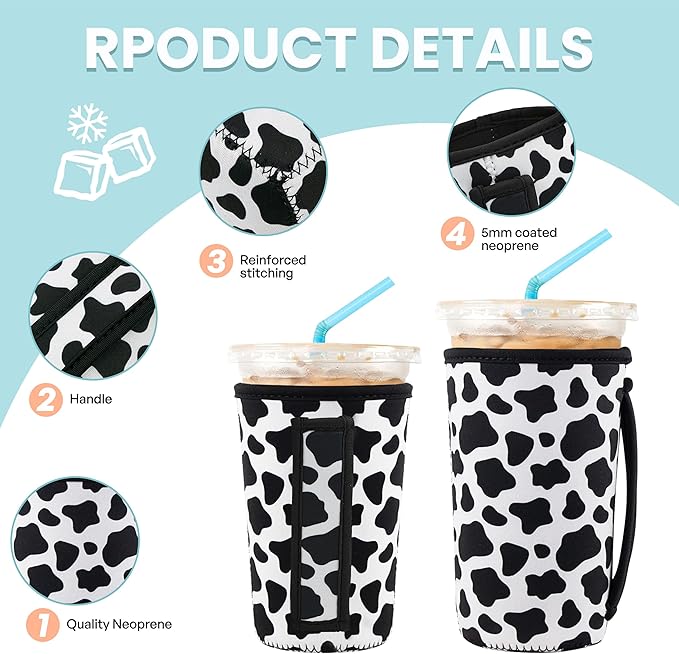 KJQJLY 3 Pack Reusable Iced Coffee Sleeves for Iced Coffee Cups or Drinks Reusable Neoprene Insulated Sleeves for Hot and Cold Drinks from Starbucks, Dunkin, And More (Cows)