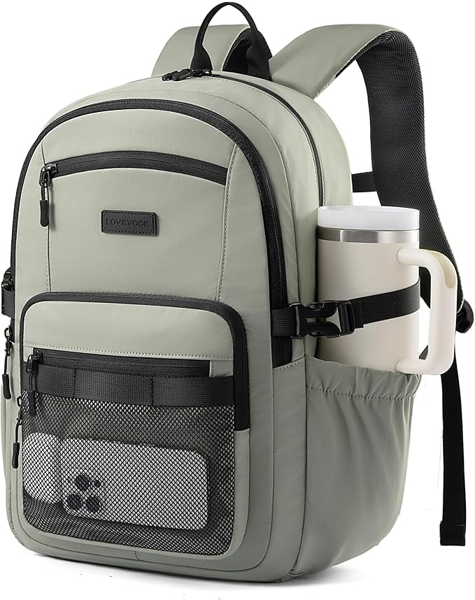 LOVEVOOK Laptop Backpack Women/Men with 40oz Cup Holder Buckle Strap, 15.6 Inch Tech-Ready Work Backpack, TSA-compliant for Travel & College with Versatile Mesh Pocket, Sage Green