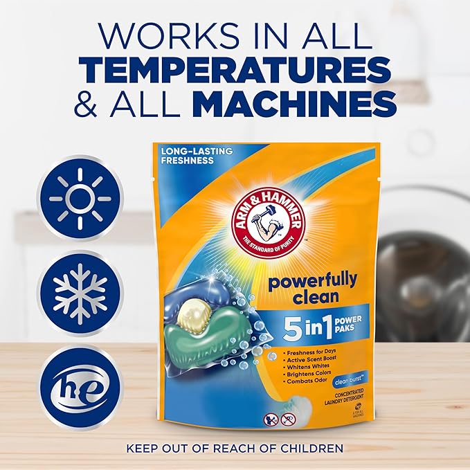 Arm & Hammer Clean Burst 5-in-1 Laundry Detergent Power Paks, High Efficieny (HE), 42 Count