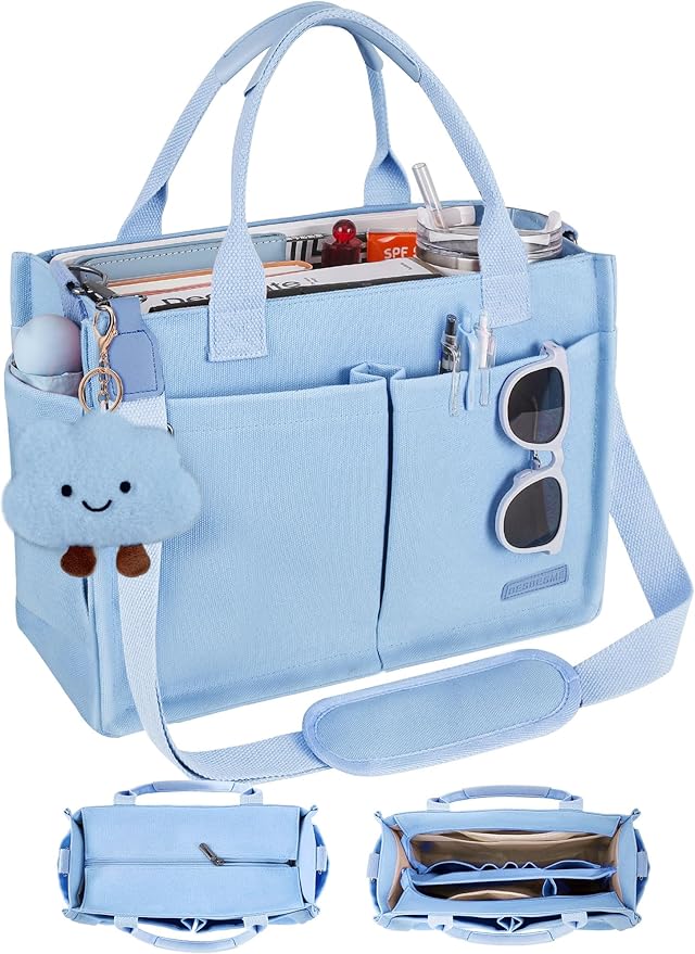 BESBESME Canvas Tote Bag for Women with Zipper & Compartments– Large Work & College Laptop Tote Crossbody Shoulder Bag