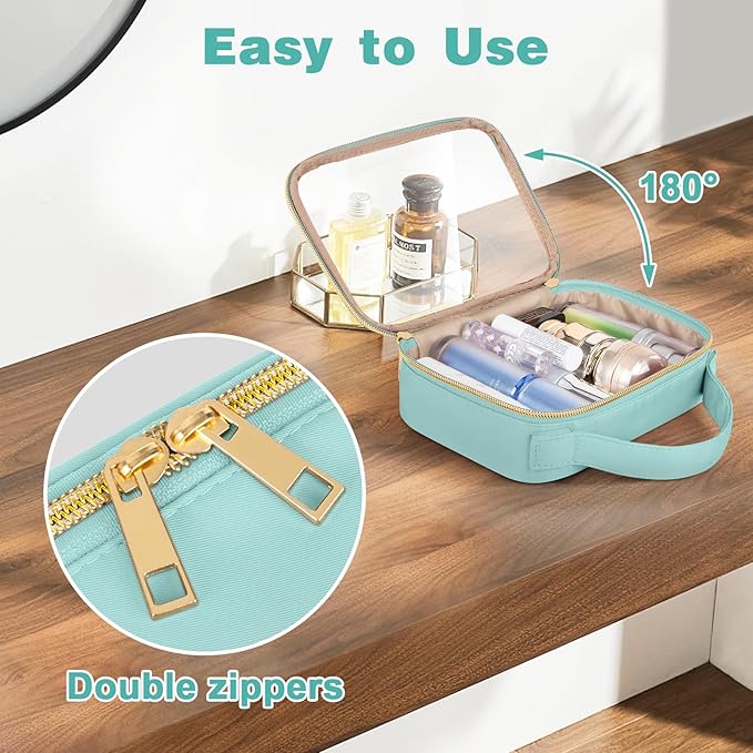 Wedama TSA Approved Toiletry Bag, 2 Pack Clear Makeup Bags with Handles, Quart Size PVC Clear Cosmetic Bags for Women and Men, Carry on Airport Airline Compliant Bag, Cyan Green
