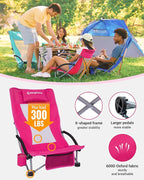 KingCamp Low Beach Chair, High Back Folding Camping Chair for Adults, Oversized Breathable Mesh Seat, 300lbs Heavy Duty Portable Chair with Cup Holder & Storage Pockets for Beach, Outdoor