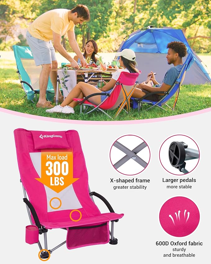 KingCamp Low Beach Chair, High Back Folding Camping Chair for Adults, Oversized Breathable Mesh Seat, 300lbs Heavy Duty Portable Chair with Cup Holder & Storage Pockets for Beach, Outdoor
