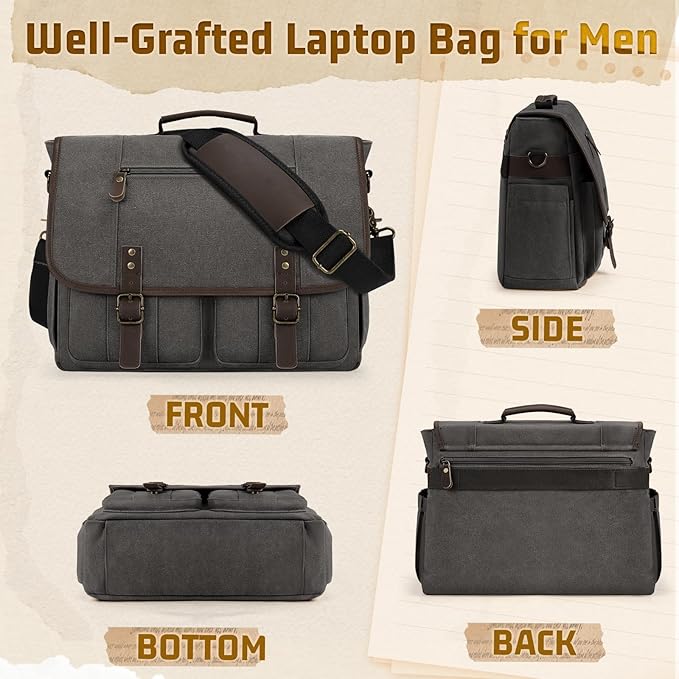 RAINSMORE Mens Messenger Bag 17-17.3 Inch Vintage Canvas Briefcase Water-resistant Large Computer Laptop Bag Rugged Satchel Shoulder Bag for Work Travel, Bookbag for College