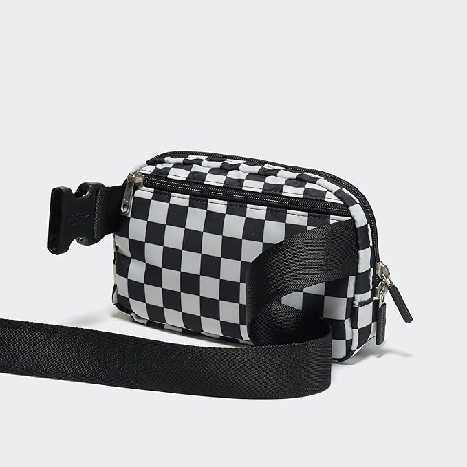 Pander Two Way Zipper Fanny Pack Nylon Everywhere Belt Bag for Women, Water Repellent Waist Packs, Crossbody Bags with Adjustable Strap (Checkered Black)
