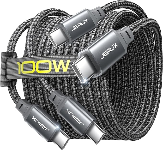 JSAUX 100W USB C Cable [2-Pack 6.6FT], Type C Fast Charging Cord for iPhone 17e/iPhone 17/iPhone Air/iPhone 17 Pro/iPhone 17 Pro Max, iPhone 16/15 Series, Galaxy S/Note, MacBook Pro Air, iPad - Grey