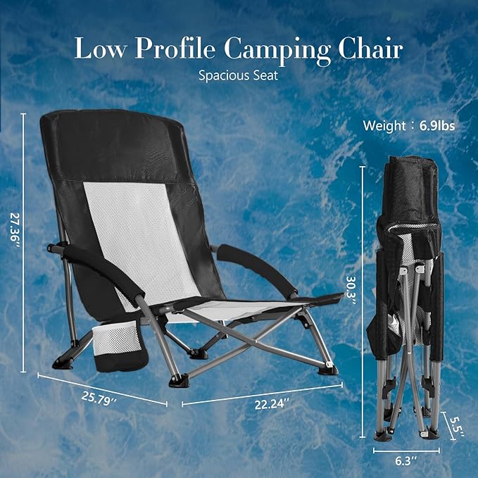 DUMOS Low Beach Chair for Adults, Lightweight Folding Beach Chair with Cup Holder, Storage Bag, Breeze Mesh Back, Padded Armrests, Compact Low Profile Chair for Camp, Picnic, Lawn, Sand