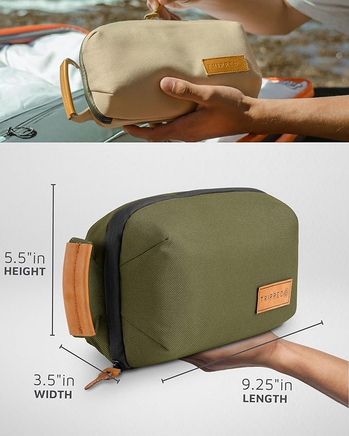 Tech Bag Organizer - Small Electronics Organizer Pouch for Travel - Premium Travel Case with Leather Accents - Mesh Pocket for Cables, Cords and Chargers (Green)