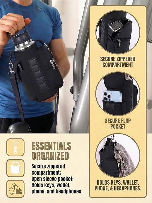 Magnetic Gym Bag for Women Men, Neoprene Water Bottle Carrier Bag with Strap fits 18-40oz, Crossbody Bag with Pockets