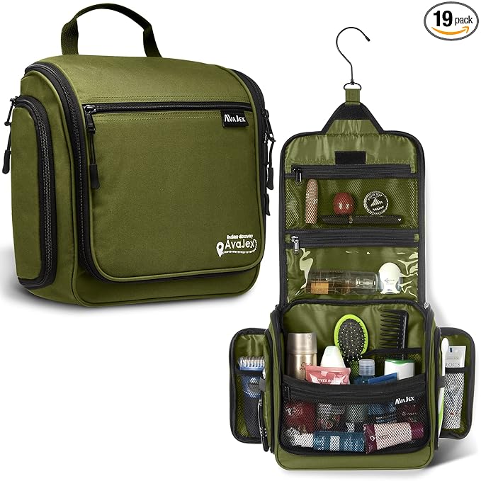 Travel Toiletry Bag for Men and Women - (10.6”x10.6”x3.2”) Large Hanging Toiletry Organizer - Waterproof Hygiene Bag with Metal XXL Swivel Hook, with Sturdy Zippers and 19 Compartments for Toiletries