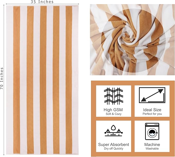 COTTON CRAFT Oversized Beach Towel - 2 Pack 35 x 70 inches XL Beach Towel - 100% Cotton Velour - Big & Huge - Thick Plush 450 GSM Super Soft Luxury Towel - Pool Picnic Bath - Cabana Stripe Linen