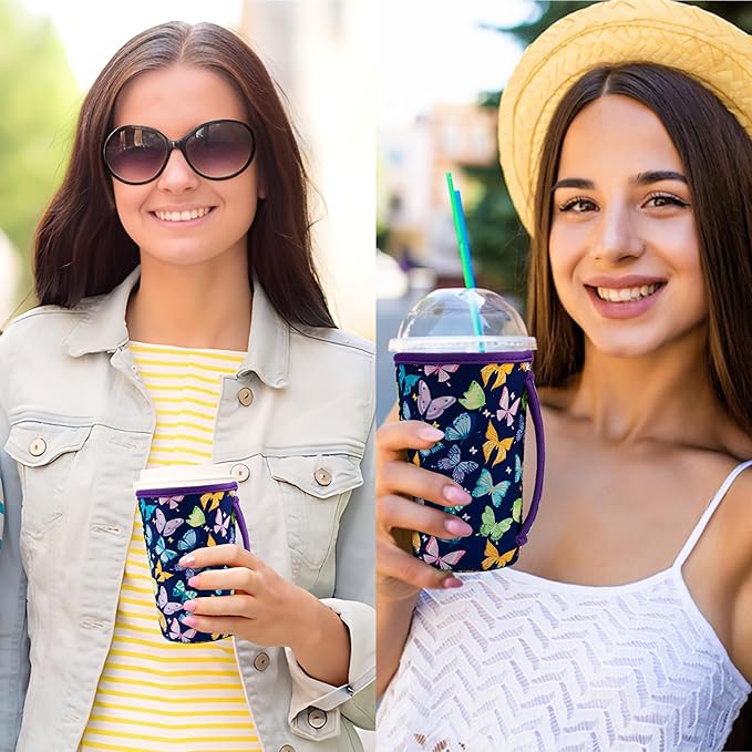 KJQJLY 3 Pack Reusable Iced Coffee Sleeves for Iced Coffee Cups or Drinks Reusable Neoprene Insulated Sleeves for Hot and Cold Drinks from Starbucks, Dunkin, And More (Dark butterfly)
