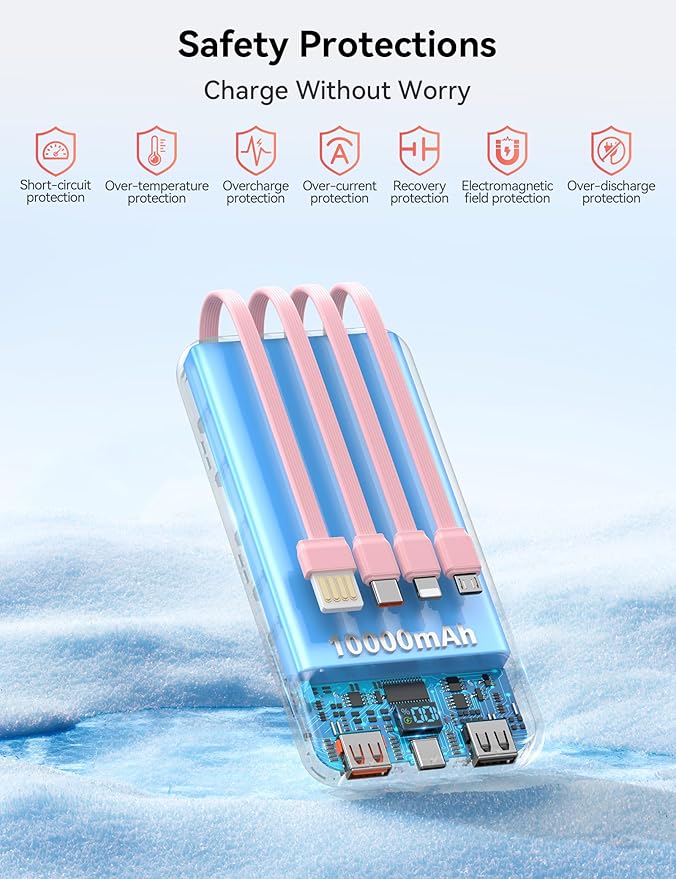 Portable Charger, 10000mAh 22.5W Fast Charging Power Bank with 4 Built-in Cables, Travel Essentials Battery Pack with LED Display, 6 Outputs Charging Bank Compatible with iPhone, iPad, Samsung Pink