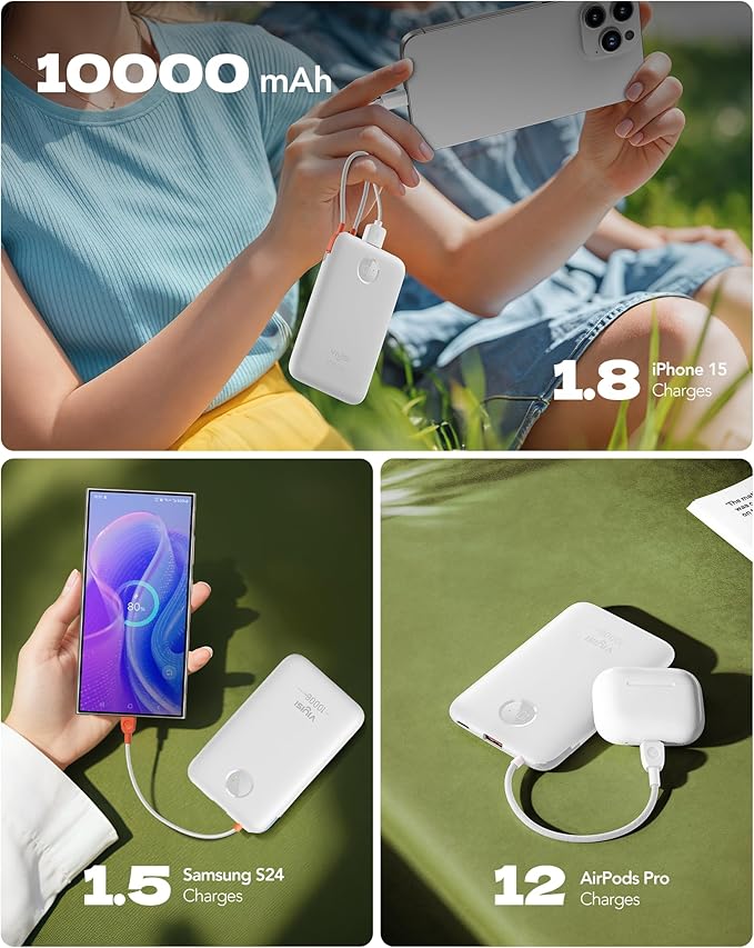 VIYISI Slim Portable Charger Power Bank 10000mAh, PD 20W Fast Charging Compact Battery Pack with Built-in USB C Cable, Travel Essential Compatible with iPhone 17 16 15, Samsung S25 A16, Android-White