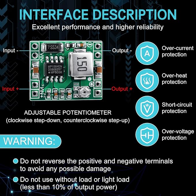EBOOT 3 Pack MP1584EN DC-DC Buck Converter Adjustable Power Module 24V to 12V 9V 5V 3V
