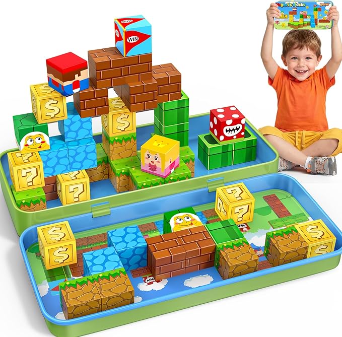 KAEILORU Magnetic Blocks Travel Toys for Kids Ages 4-8, 35 PCS Magnetic Cubes STEM Learning Set with Portable Iron Storage Box Construction Learning Toys for Toddlers Ages 3-5