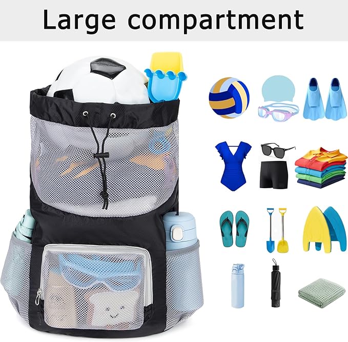 Swim Bag for Kids Mesh Beach Backpack for Boys Lightweight Drawstring Beach Bag Swimming Pool Sports Gym String Bag (Black)