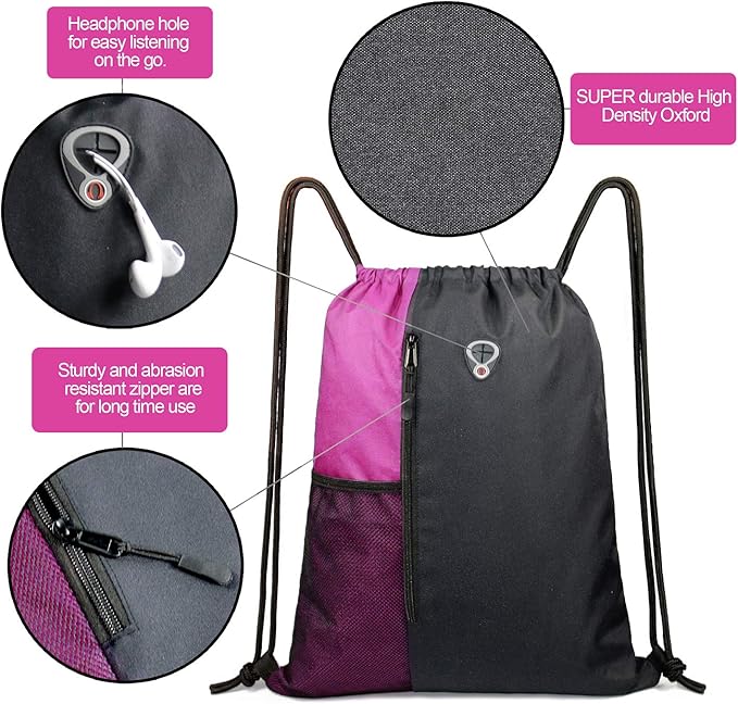 BeeGreen Sports Bag Drawstring Backpack With Water Bottle Pocket &Front Zippered Pocket Large String Bag Pack For Men Women