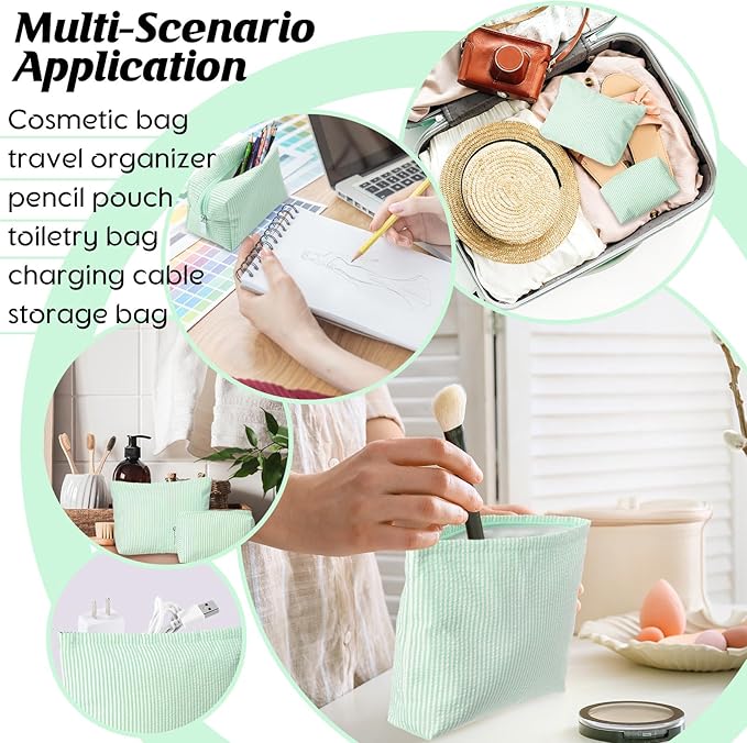 Huhumy 2 Pcs Makeup Bag Set Cute Cosmetic Pouch for Women Seersucker Travel Toiletry Bag Preppy Small Makeup Purse Pouch Aesthetic Skincare Brushes Storage Organizer for Valentine Women(Green)