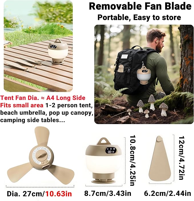 Camping Fan with Light & Remote, Portable Ceiling Fan for Tents, Canopy, Beach, RV, Car, Camper & Outdoor, Wireless Rechargeable Hanging Pop up Tent Fan - 3 Speed Breeze & Timer, 10.63 Inch