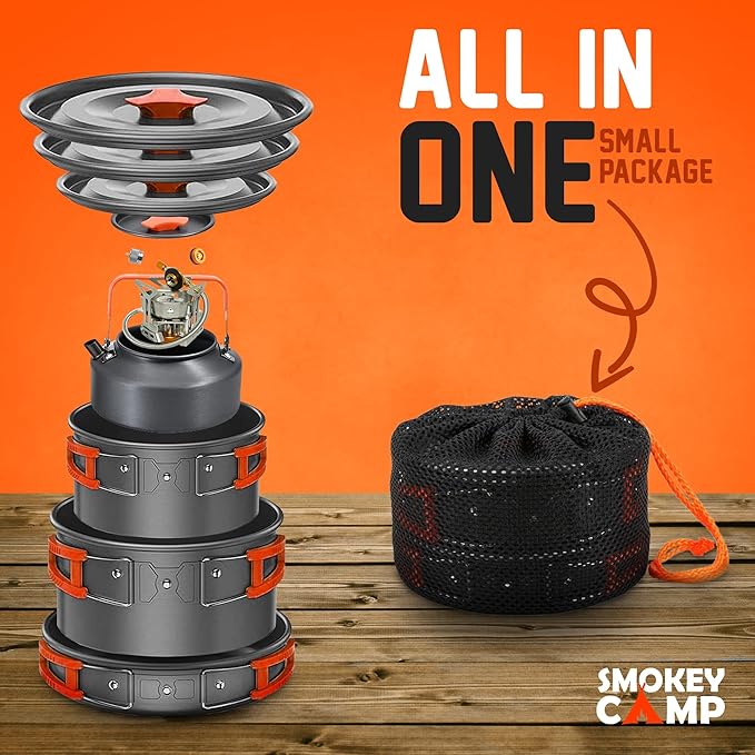 Smokey Camp Camping Cookware Mess Kit Set with Stove - Backpacking Camping Pots and Pans Set, All in One Non-Stick Camping Cooking Set, Portable Stove, Hiking, Picnic, Outdoor & Camping Cookware Set