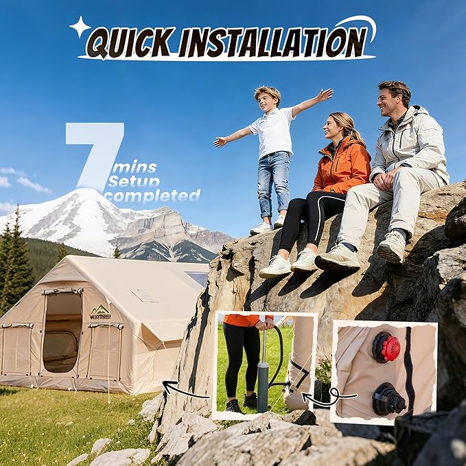 Inflatable Tent with Skylight, Quick Setup Blow Up Tents with Pump, Hot Tent with Stove Jack, Waterproof Oxford Inflatable House for Camping, Air Glamping Tents for Camping Adult 8-12 Person
