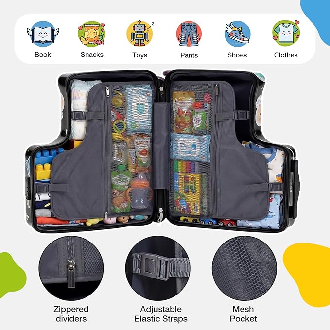 smilesun 20" Ride-On Suitcase for Kids, Cute Pattern, Lightweight Hardshell Carry-On Luggage with Double Spinner Wheels, TSA Lock for Boys & Girls（Black）