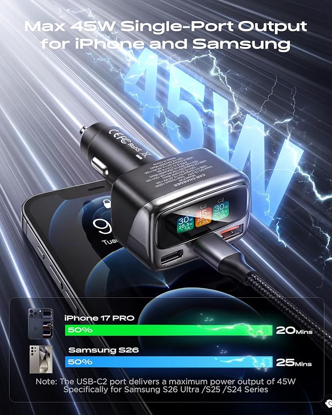 105W USB C Car Charger with Digital Color Display, 3-Port Fast Charging Cigarette Lighter Adapter for iPhone 17/16/15 Pro Max, Samsung S26, Travel Car Accessories Gifts for Men Women + 3FT USB-C Cable