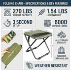 COMELY Folding Stool Backpacking Chair Portable: Ultralight 700g Collapsible Pocket Stool,3cm Flat Fold, 3-Second One-Hand Setup & 5s Storage, 270Lbs Capacity, 600D Oxford for Thru-Hiking & Breaks.
