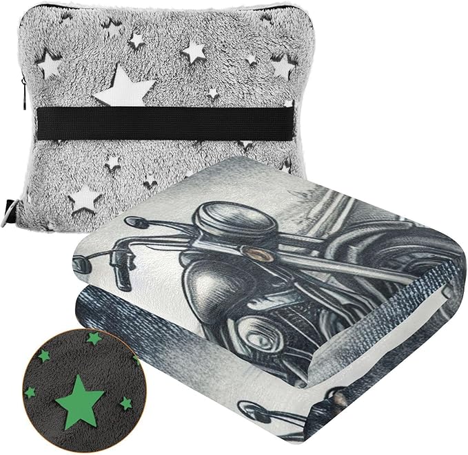 High Way Motorcycles Travel Blanket Glowing in The Dark, Soft 2 in 1 Airplane Blanket 65" x 55", Foldable as Pillow, Luggage Sleeve & Backpack Clip