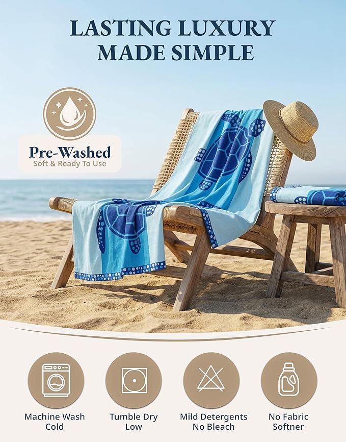 LANE LINEN Beach Towel 2 Pack, Oversized Beach Towel 39"x71", Lightweight Beach Essentials for Women, Large Pool Towel, Absorbent & Quick Dry, Sand Free Beach Towel - Turtle & Coral
