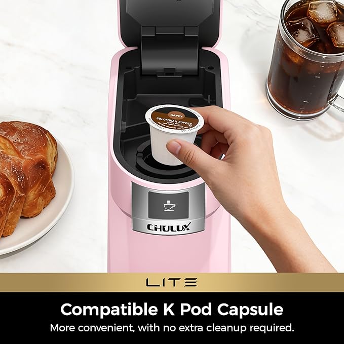 CHULUX Lite Single Serve Coffee Maker for K Cup Capsules, Single Cup Reservoir Coffee Maker with One Touch Brewing, 5 to 12 Oz Brew Sizes, Designed Specifically for Standard Mugs, Pink