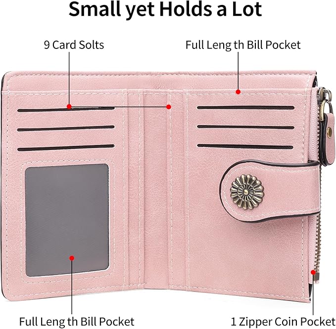 Small Wallet for Women Bifold Credit Card Holder RFID Blocking with Zipper Pocket