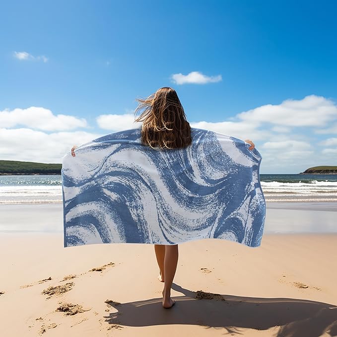 COTTON CRAFT Oversized XL Beach Towel - 2 Pack 39 x 68 inches Summer Wave Big & Huge Beach Blanket Towel - 100% Cotton Jacquard Velour - 450 GSM Super Soft Luxury - Pool Picnic Bath - Surf Blue